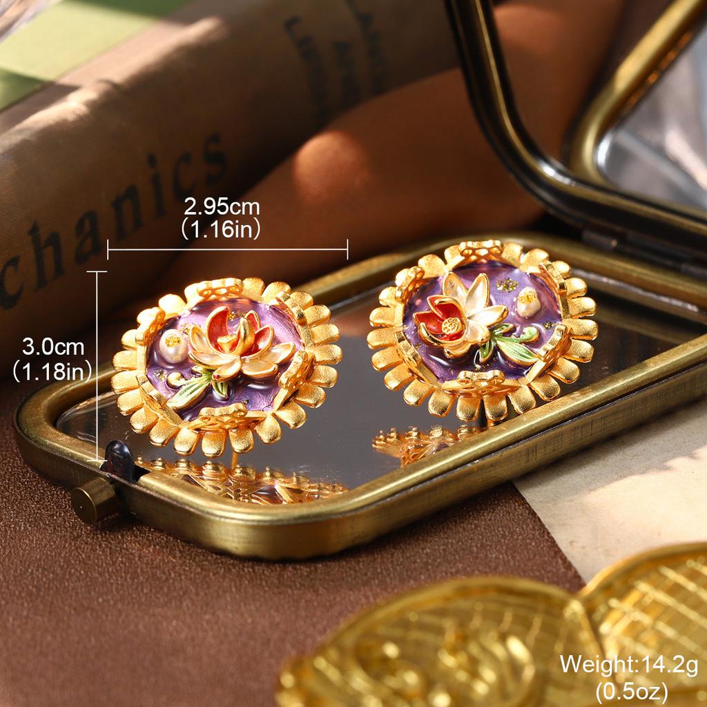 French retro oil painting style earrings niche high-end natural pearl stud earrings women's new Chinese hand-painted enamel earrings