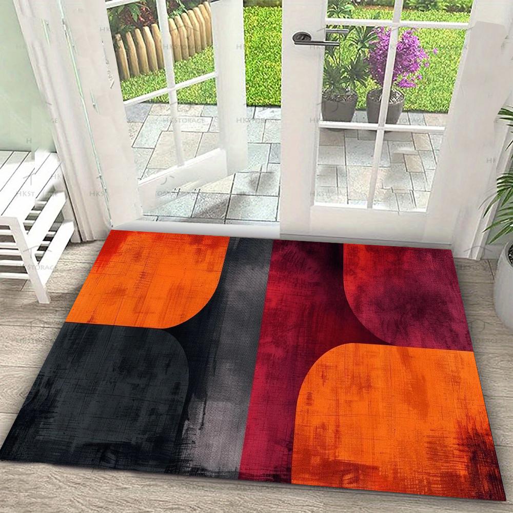 Abstract Leaf Doormat Dark Green Orange Color Block Botanical Art Pattern Non Slip Front Door Kitchen Indoor Entrance Floor Rug 40cm x 60cm
