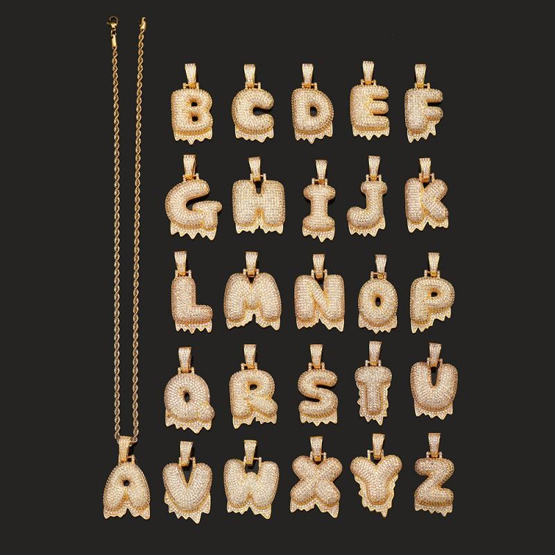 Hip Hop Mens Bubble Font Letter Pendant Necklace With Full CZ Rhinestones Gold Copper Chain