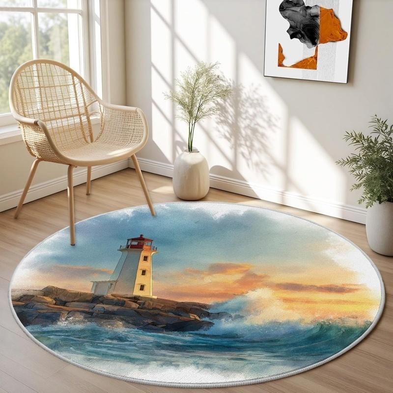 Vibrant Dual Sunset Mountain Landscape Round Rug Scenic Valley Forest Print Non Slip Soft Carpet Boho Style Living Room Decor