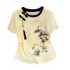 Cotton Chinese Style Women's T-shirt Summer Tees Short Sleeve Slim Women Tops Vintage O-necks Embroidery Korean Clothing Sales