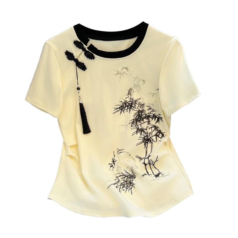 Cotton Chinese Style Women's T-shirt Summer Tees Short Sleeve Slim Women Tops Vintage O-necks Embroidery Korean Clothing Sales