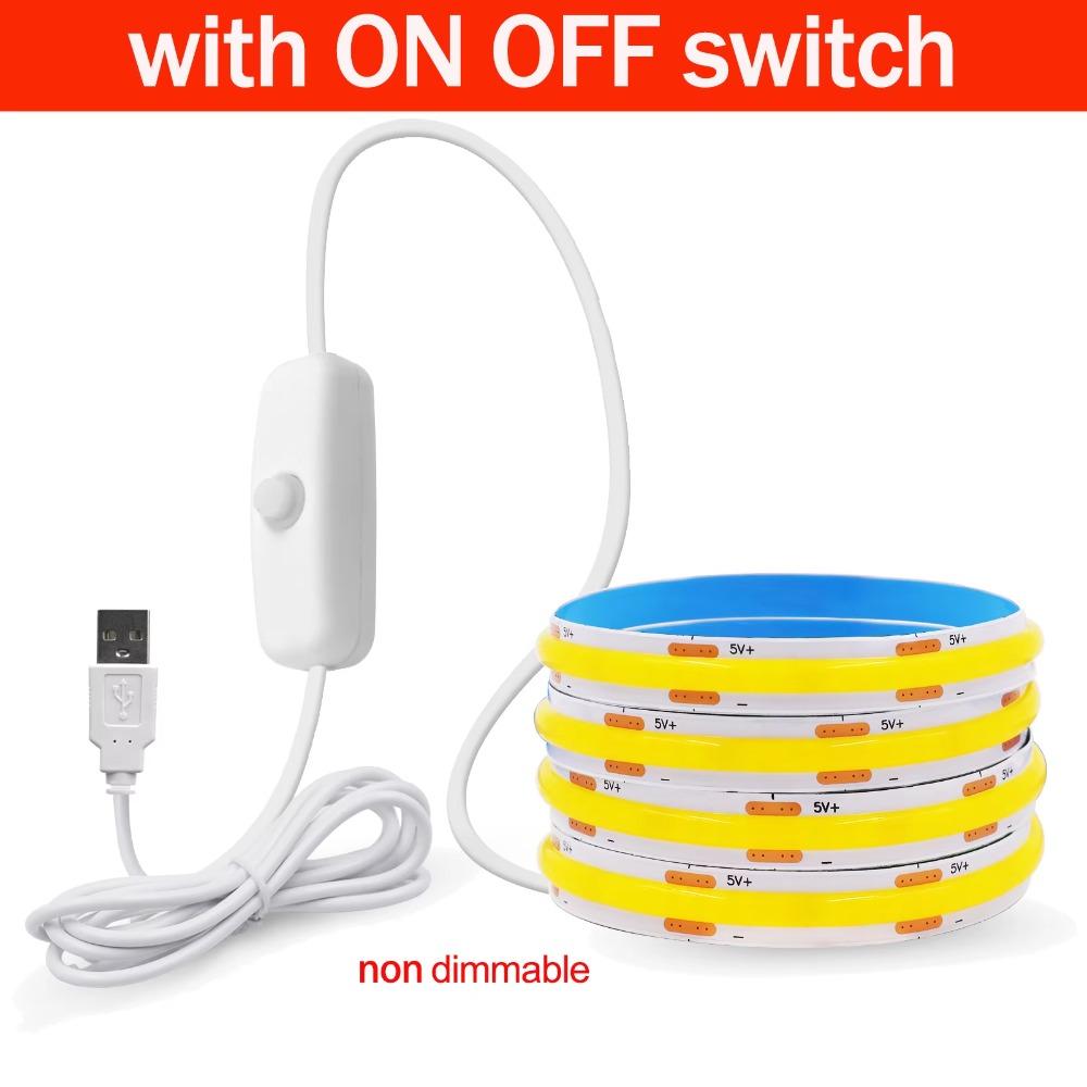 Dimmable COB LED Strip Light 5V USB Flexible LED Tape with ON OFF Switch 320LEDs High Density Linear Lighting with Adhesive Tape