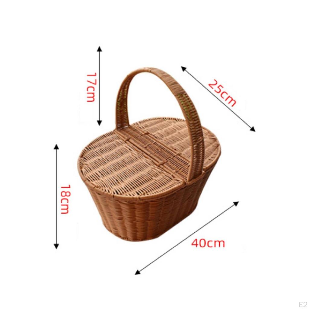 Picnic Basket with Lid Rattantype Handle HardSided for Storage, Shopping 45x30cm