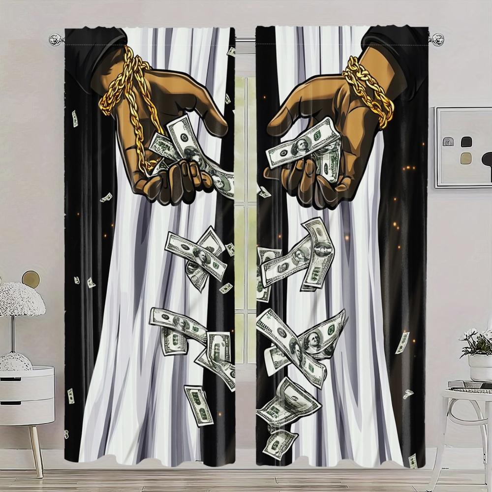 2 Stück Verdunkelungsvorhänge mit Skeletthand, goldener Kette und flatternden Dollar-Scheinen – Lichtundurchlässige Polyester-Vorhänge für Wohnzimmer