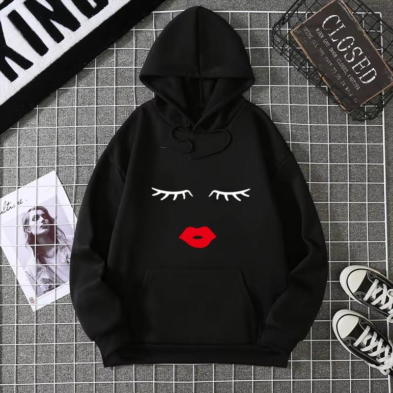 2025 Pretty Cute Eye Lashes Red Lips Print Women Hoodie Summer Casual Short Sleeve O Neck t-shirt Ladies White Hooded Sweatshirt