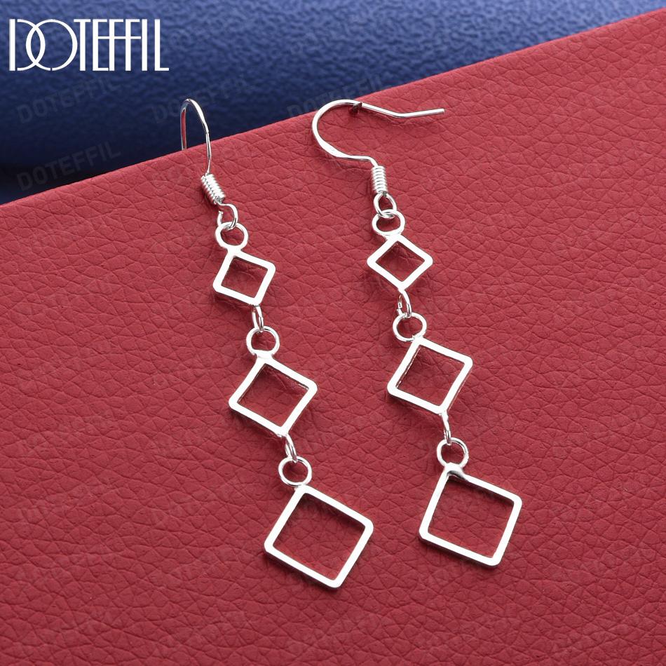 925 Sterling Silver Square Frame Ring Connecting Pendant Earrings - Exquisite Gift Jewelry