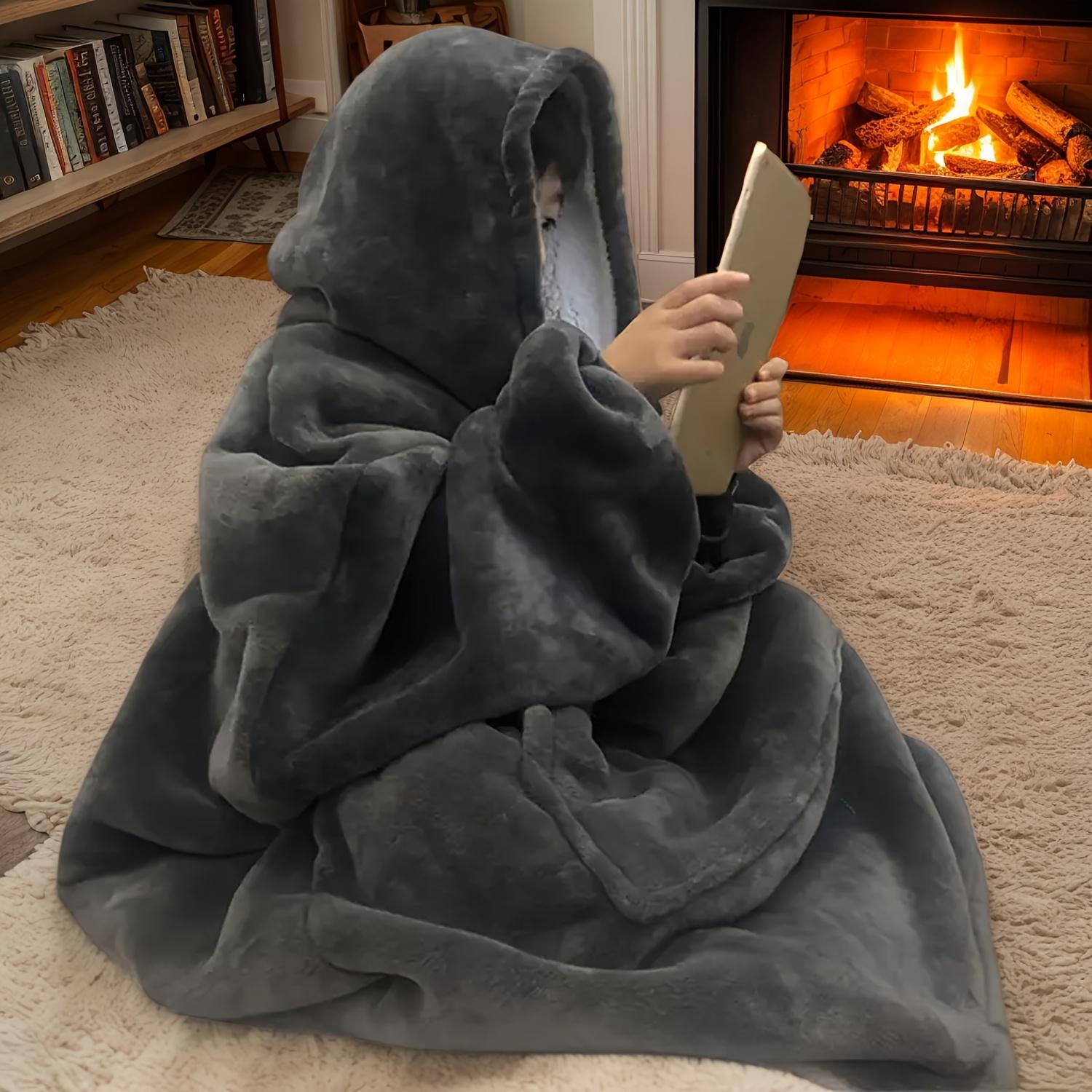 

Уютное оверсайз двустороннее флисовое худи-одеяло - Мягкая плюшевая носимая толстовка с карманом-кенгуру, Худи-одеяло оверсайз светло-серый