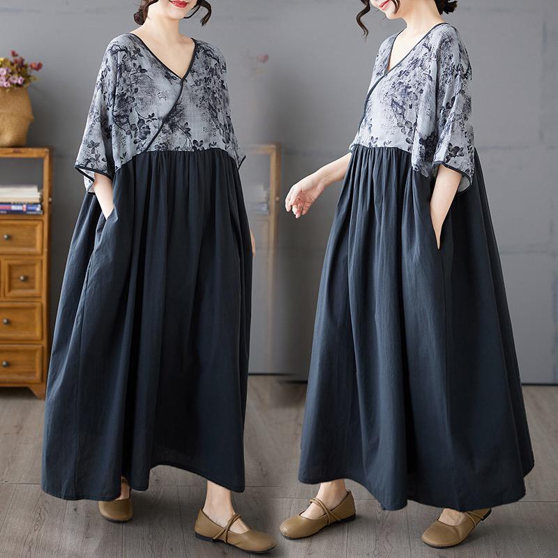 DIMANAF 2025 Plus Size Summer Women Basic Dress Vintage Printing Casual Loose Spliced Long Dress Maxi