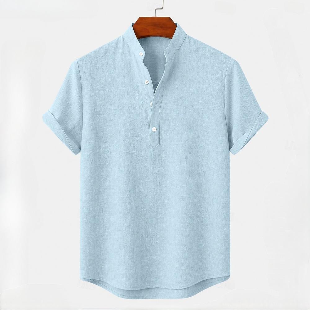 Men's Linen Shirts Short Sleeve Button Up Neck Stand Collar Casual Summer Home Daily Shirts