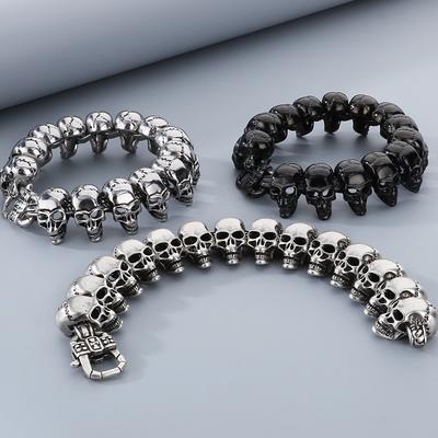 Cooles Totenkopf-Armband für Männer, Vintage, Schwarz, Altsilber, massives Edelstahl, Herrenarmbänder, Totenkopfkette, Schmuck für Männer