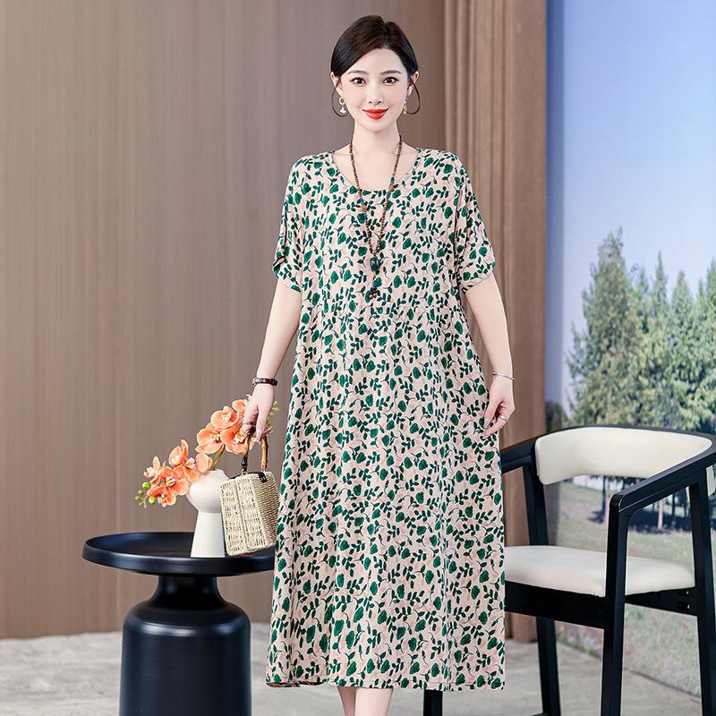 Summer mother cotton and silk over the knee skirt loose large size fat man dress thin middle-aged man wearing long dress