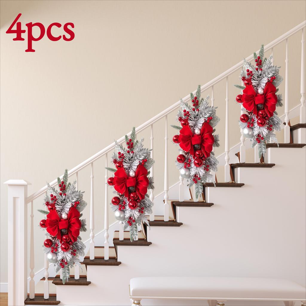 2/4pcs Red Christmas Flocked Garland - 22.83" Large, with Balls & Bow, Front Door/Stair/Window Wall Decor, No Electricity