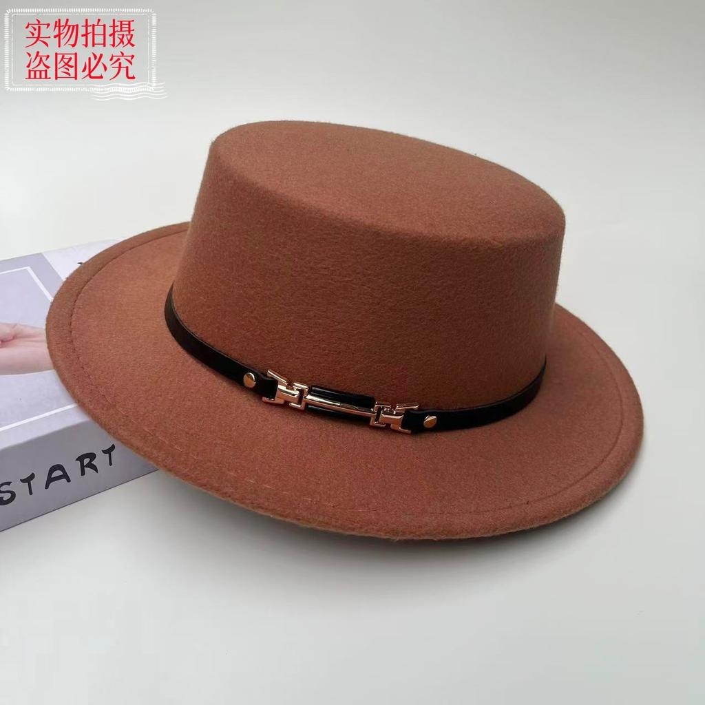 New Belt Buckle Woolen Hat British Retro Autumn and Winter Hat Men's and Women's Trendy Versatile Wide-brimmed Flat Top Top Top Hat