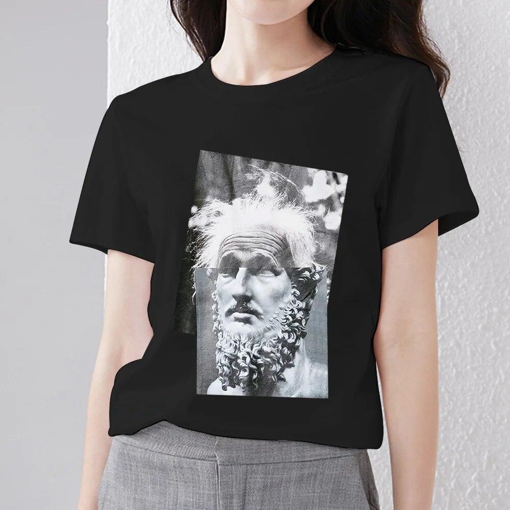 

Женская одежда в стиле ретро, ​​футболка, повседневный тонкий топ, простой черный пригородный топ с коротким рукавом, забавный скульптурный принт, женский модный топ с круглым вырезом 6XL