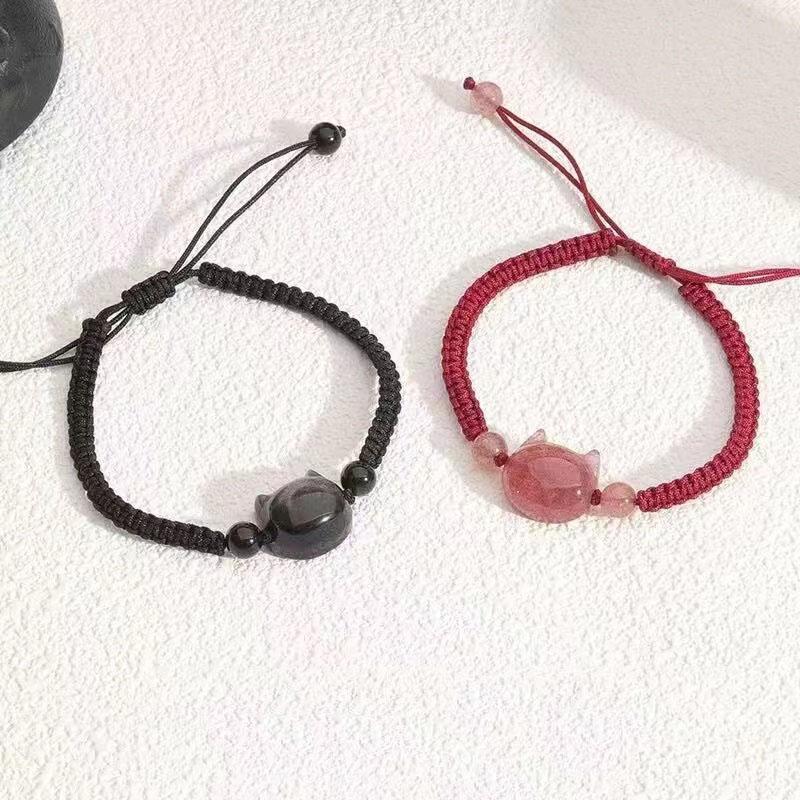 Bracelets Tressés Couple Chat Porte-Bonheur Simples pour Femmes Animal Mignon Perles Bijoux de Promesse Cadeau de la Saint-Valentin pour Amoureux Petite Amie