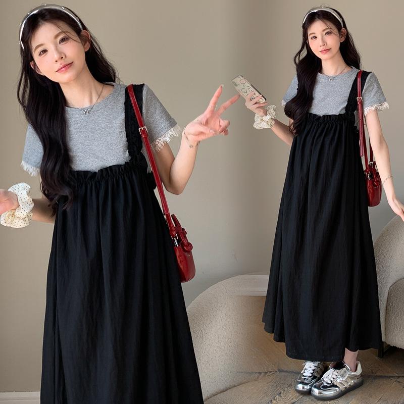Summer 2026 Maternity Elastic Pleated Strap Dress & Lace Patchwork T-shirt Set