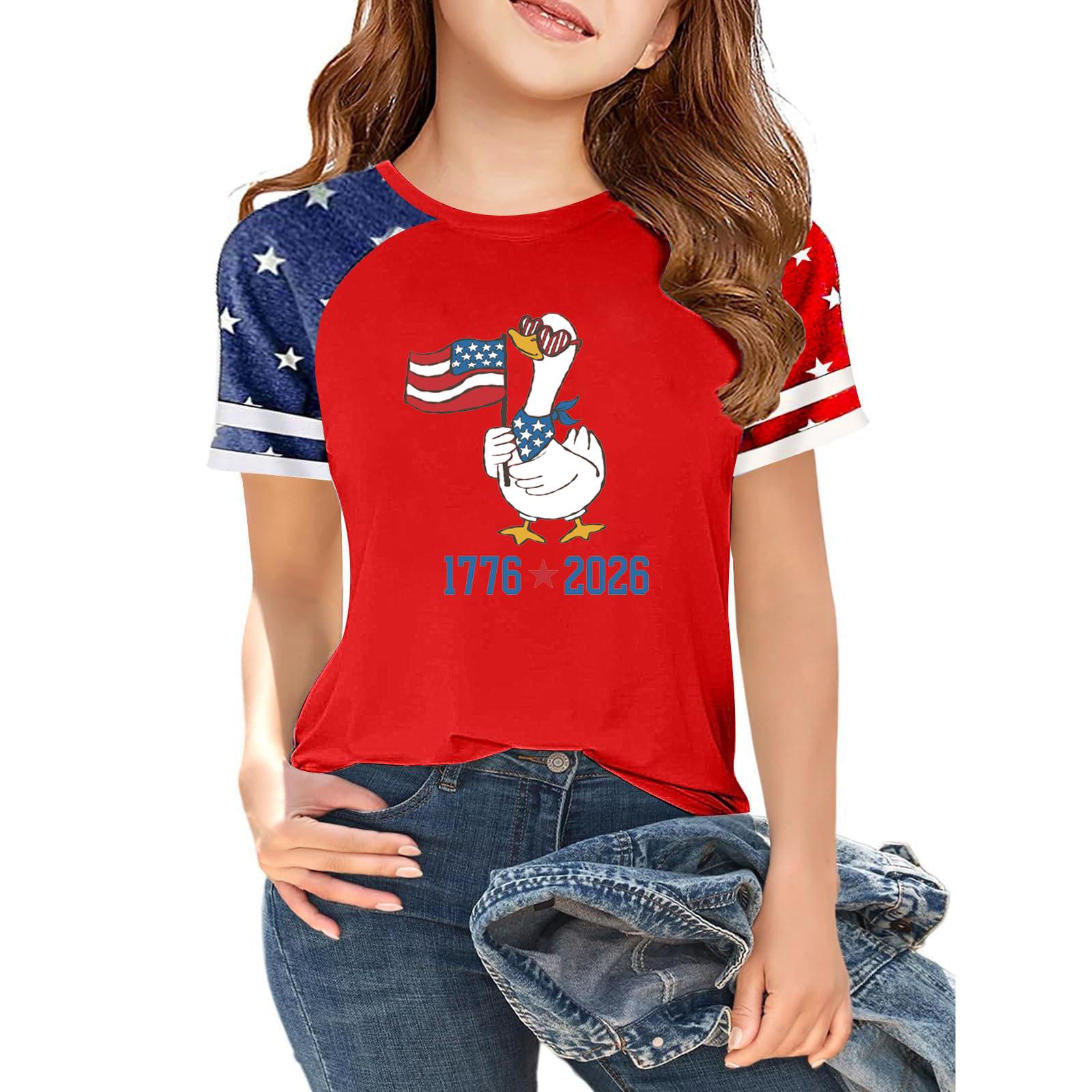 

Kids Independence Day Graphic T-Shirt 250 Years Celebration 1776-2026 Short Sleeve Crew Neck Casual Tee with Patriotic Print 160 кавун червоний колір