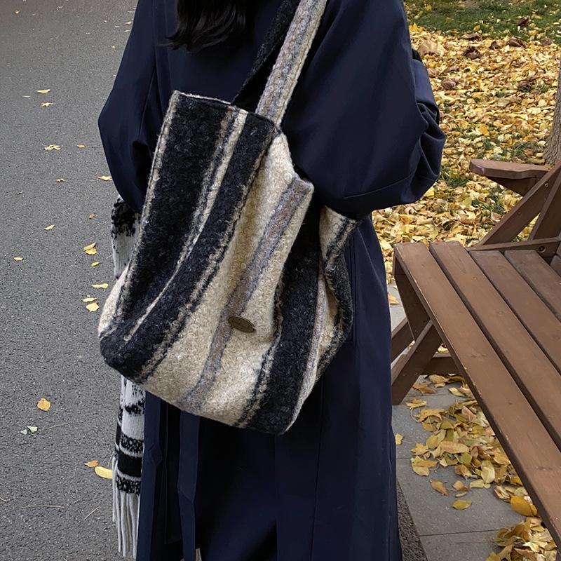 New Double-Sided Wool Tote: Striped & Leopard Print, Large Capacity Shoulder & Shopping Bag for Autumn and Winter