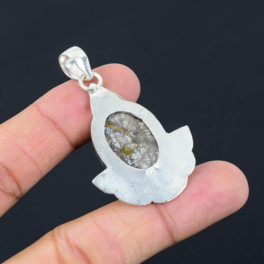 Natural Fossil Coral Gemstone Jewelry 925 Sterling Silver Pendant For Girls