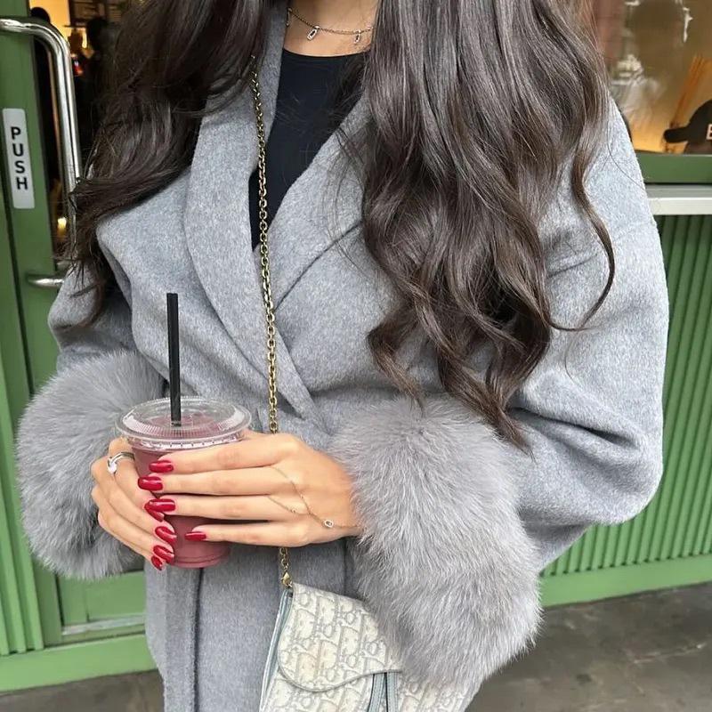 2025 A/W Women's French Tweed Short Coat with Fur Cuffs, V-neck, and Tie-waist - Solid Color.