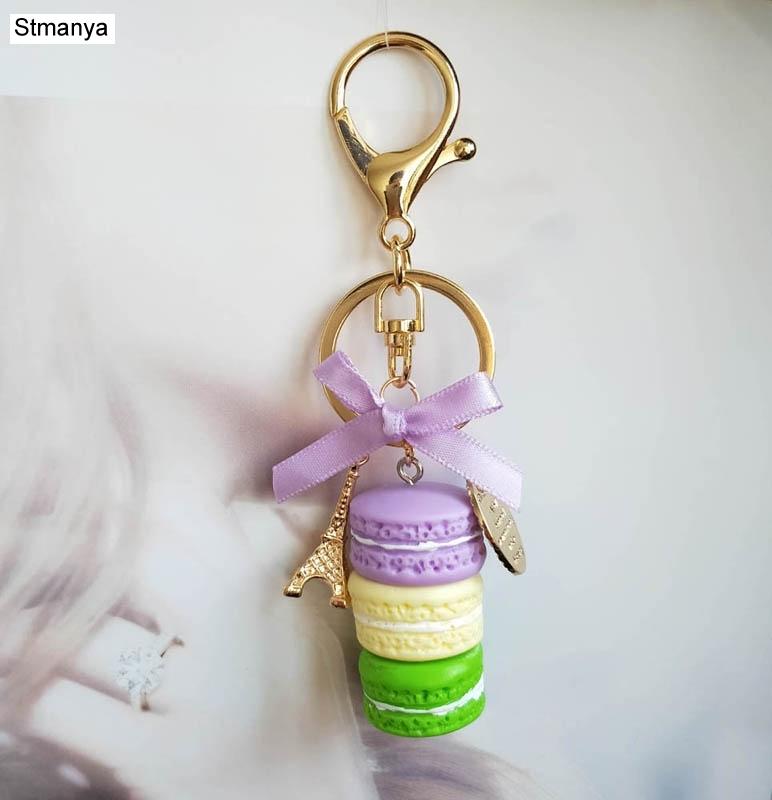 Neuer Kuchen Schlüsselanhänger Mode Auto Schlüsselanhänger Damen Tasche Anhänger Zubehör Frankreich Kuchen Macarons mit Eiffelturm Schlüsselanhänger Geschenk Schmuck
