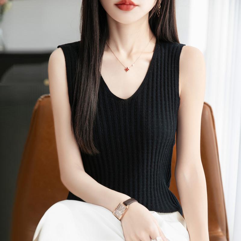 

Хлопковый слинг-топ женский внутренний с V-образным вырезом короткий летний новый нишевый трикотажный базовый топ без рукавов XXL чёрный