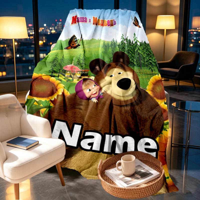 Custom Name Personalized Masha and The Bear Print Blankets, Home Decor, Bedroom, Sofa, Camping, Couch, Gifts for Birthday Christmas
