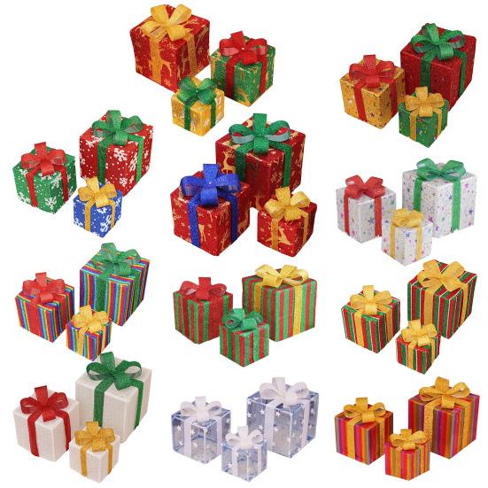 3 Pcs/Set Christmas Lighted Gift Boxes LED Light Up Stackable Nesting Box with Bow for Christmas Indoor Outdoor Home Yard Lawn Decor