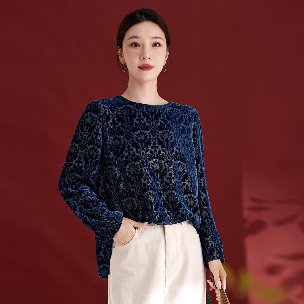2025 Camicetta Casual Girocollo Manica Lunga in Velluto di Seta Mulberry Burnout 1853