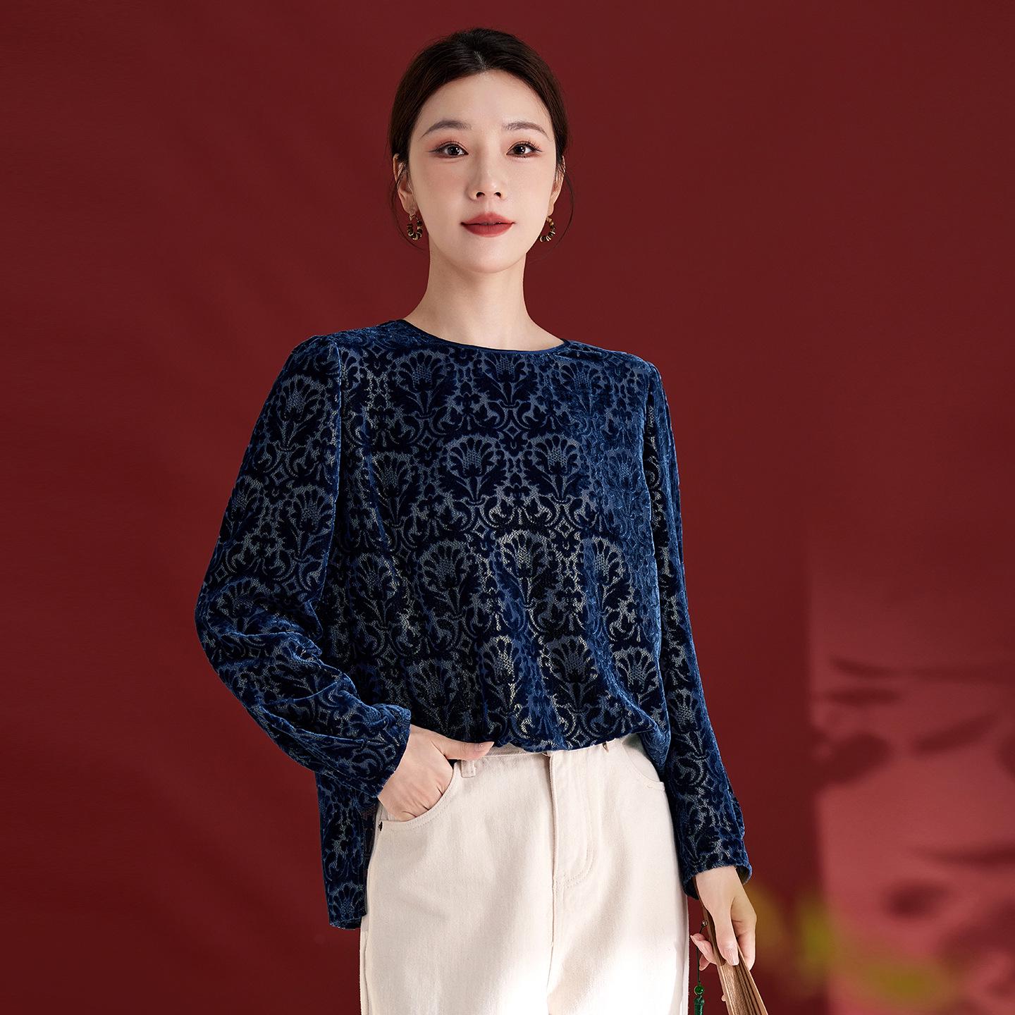 

2025 Блузка повседневная из бархата-выгорания из шелка тутового дерева, с круглым вырезом и длинным рукавом 1853 L синий/винный