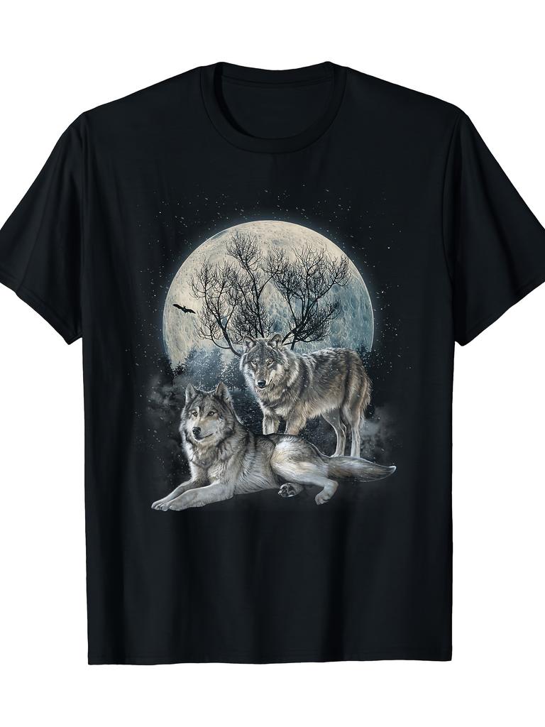 Wolf Moon Graphic Tee Men Casual Cotton Short Sleeve TShirt Breathable Night Animal Print