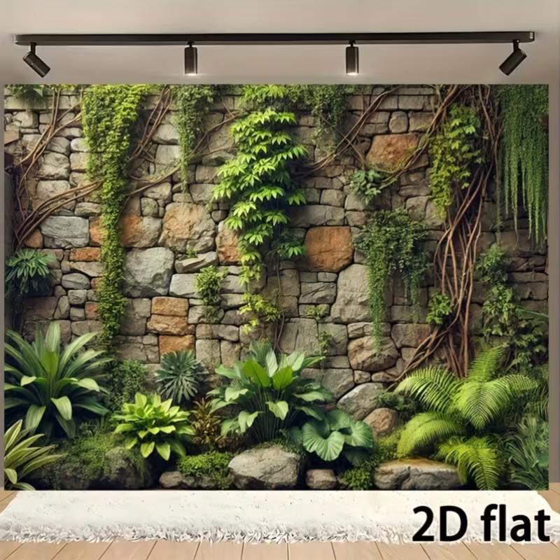2D Jungle Stone Wall Green Plant Backdrop Nature Fern Vine Photo Background Cloth