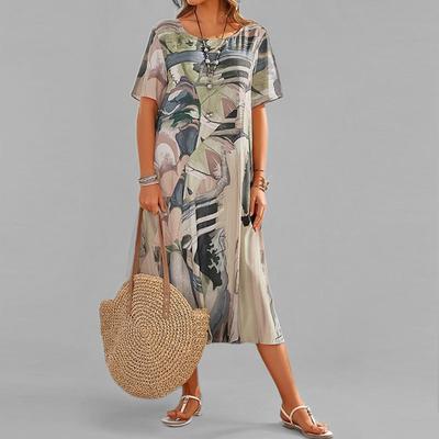 Spring New Women's Clothing Retro Printing Fashion Casual Crew Neck Long Dress
