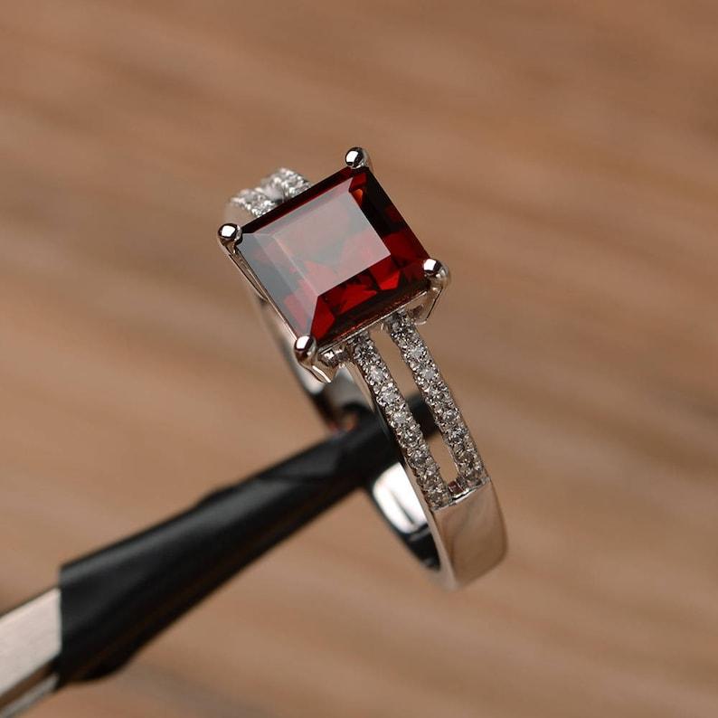 Womens Ring 925 Sterling Silver Band with Square Cut Natural Red Garnet Gemstone For Engagement,Anniversary & Wedding Wear Ring