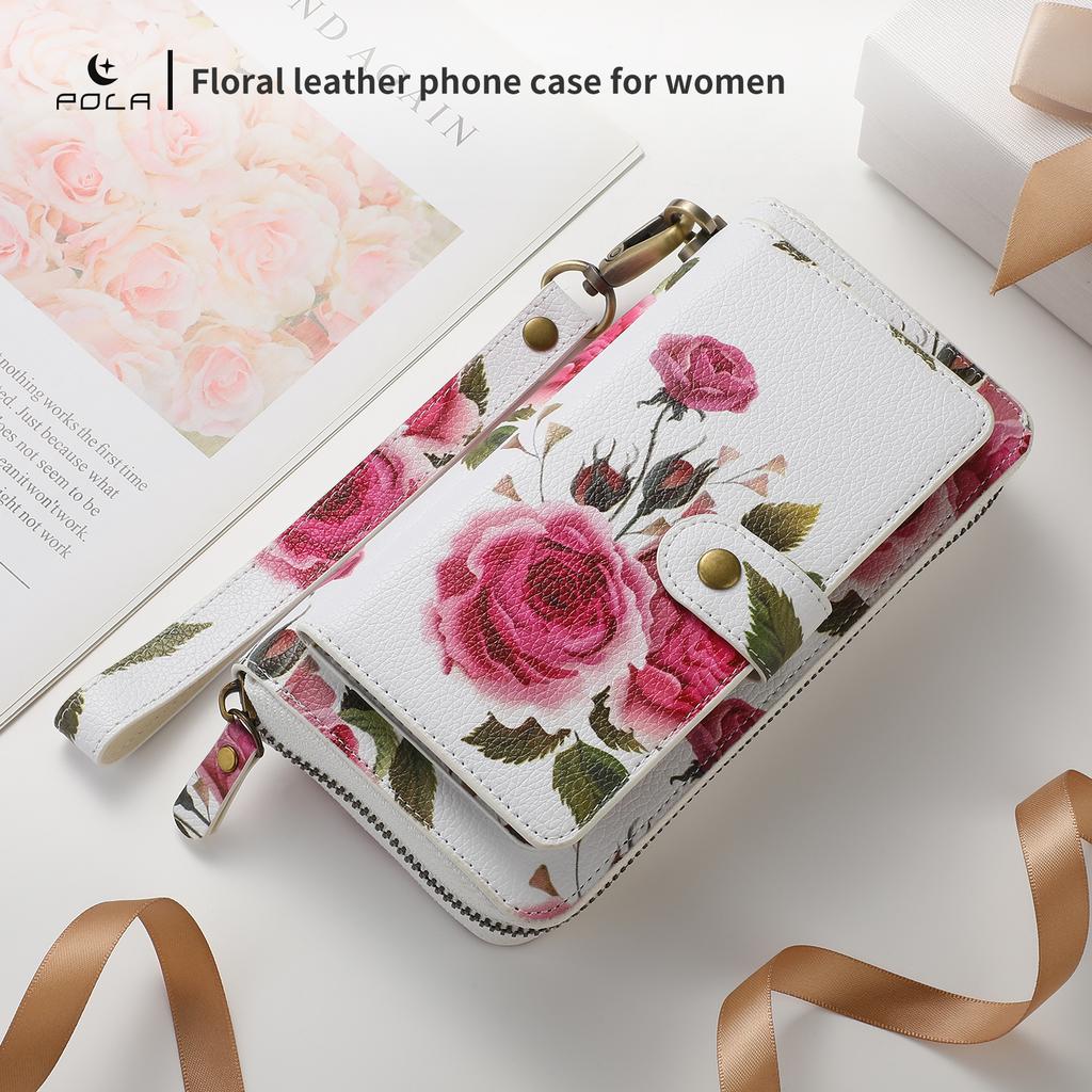 Integrated Phone Case Wallet and Case with Floral Design, Suitable for iPhone15, 15Pro, 15Pro Max, iPhone16, 16Pro, 16Pro Max