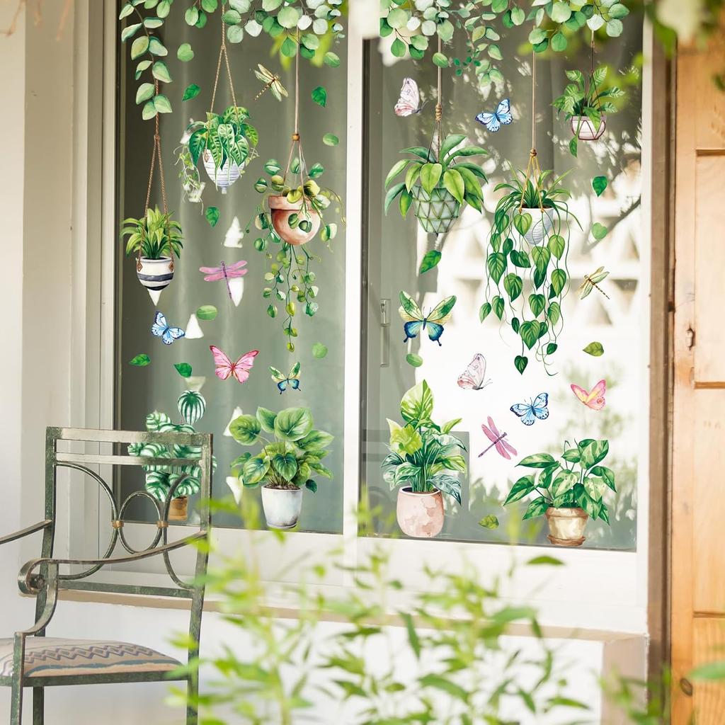 Whaline 6 Sheet Potted Plant Window Clings Hanging Vine Plant Eucalyptus Leaves Reble Window Decals for Home School Office Spring Summer Party