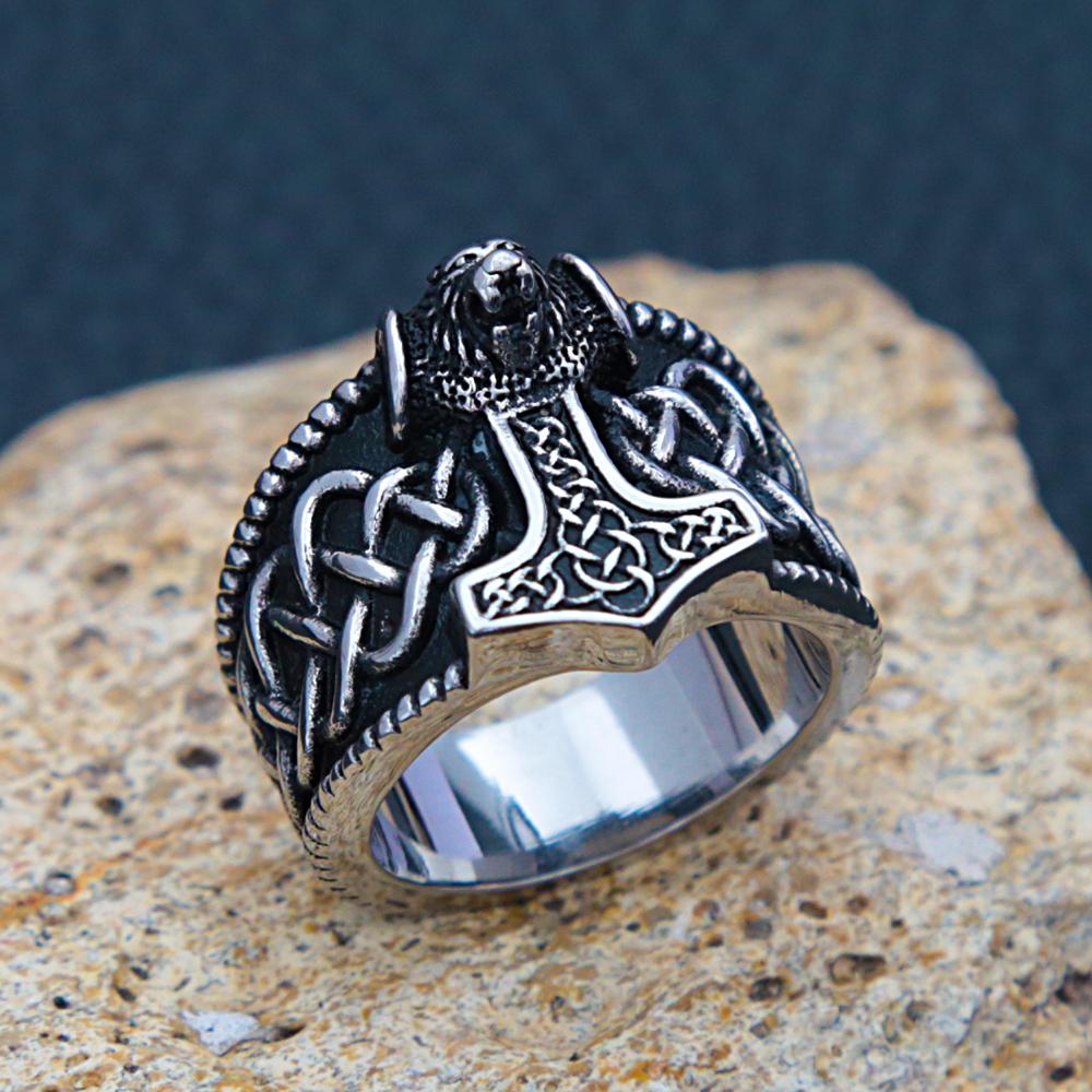 Nordic Stainless Steel Thor Hammer Ring Men Vintage Viking Bear Head Celtics Knot Ring Biker Amulet Viking Jewelry Gift
