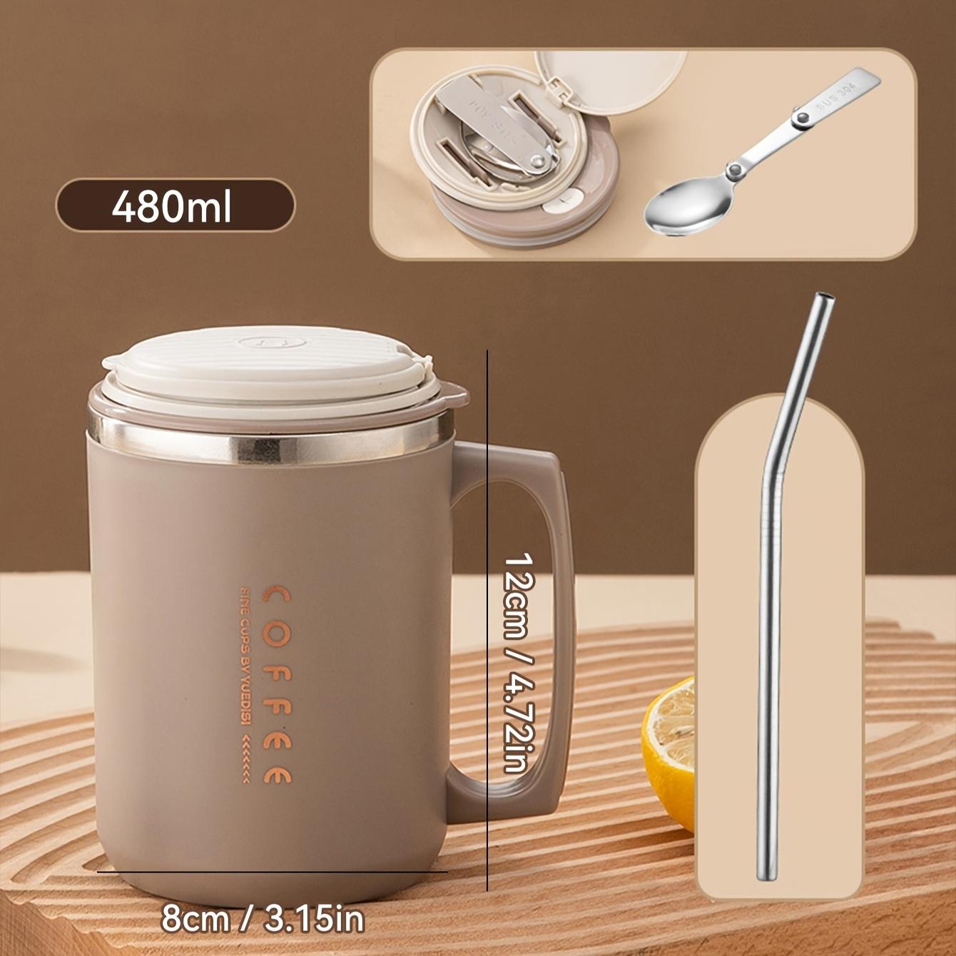 

480ML Double-Wall Insulated Mug With Spoon&Straw 304 Stainless Steel Coffee Cup Sealed Water Cup Reusable Drinkware For Student 401-500ml коричневый