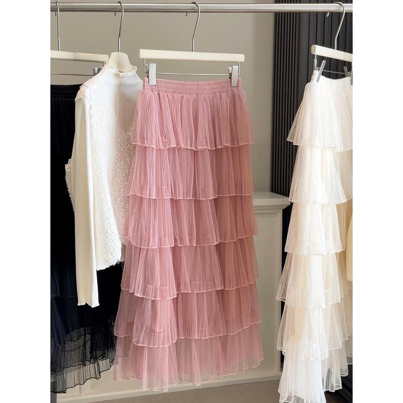 

Korean version of mesh yarn layer cake skirt women s spring new high waist temperament half body medium and long skirt hanging gauze skirt One size fits all розовый