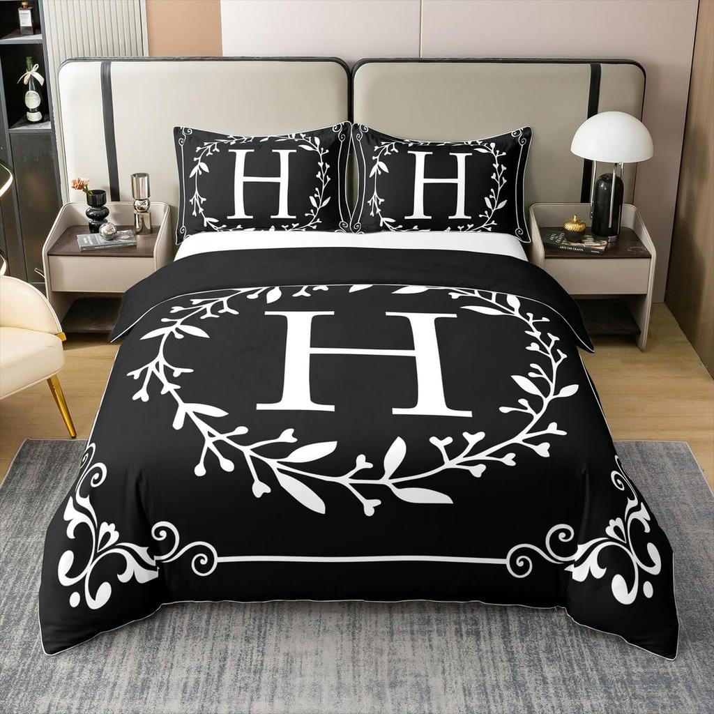 Initial Letter Z Twin Queen Duvet Cover Black And White Bedding Set Boho Floral Leaves Comforter Cover Gifts For Adult Girls