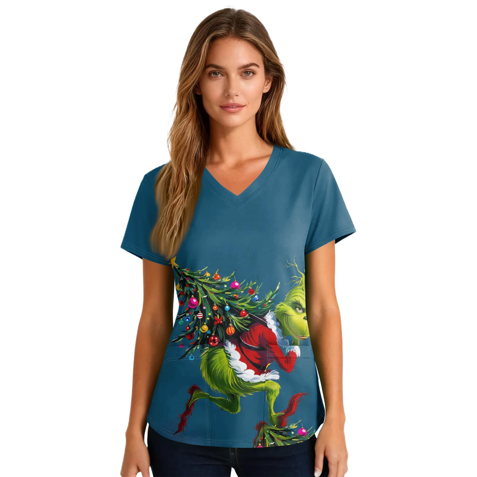 

Women s Cute Printed Work Clothes V-neck Double Layer Pockets Basic Short Sleeve Top Pullover Valentines XXXXXL