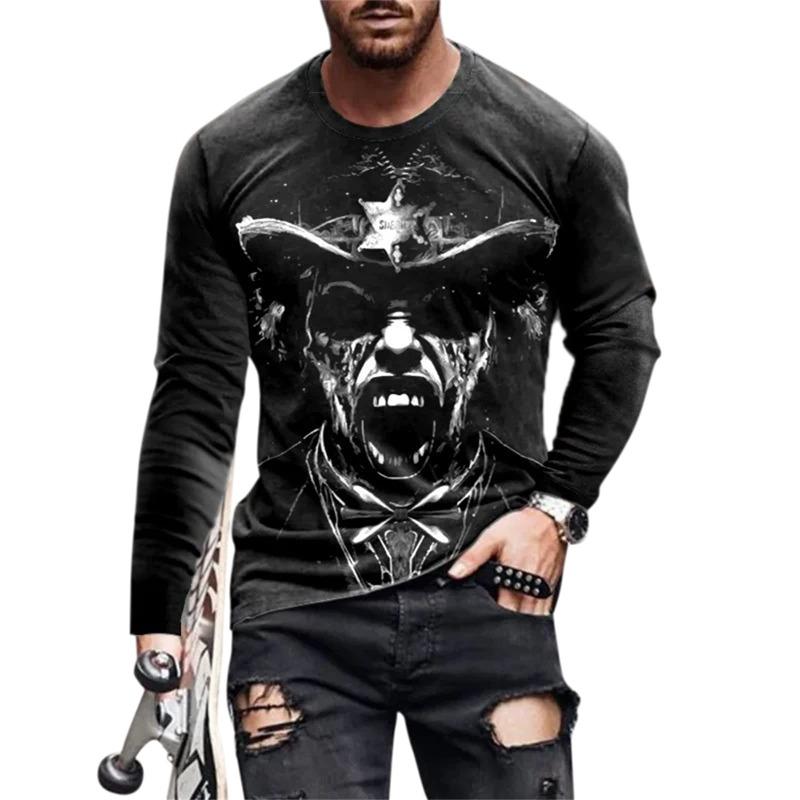 Sports Men's Long-sleeved T-shirt Men's Casual Light Street Hip-hop T-shirt 3d Skull Retro Print Casual Street Wear