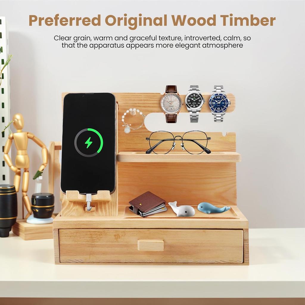 Wooden Bedside Organiser with Detachable Phone Stand & Drawer,Bedside Docking Station Gifts for Men women,Key Holder Wallet Phone Desktop