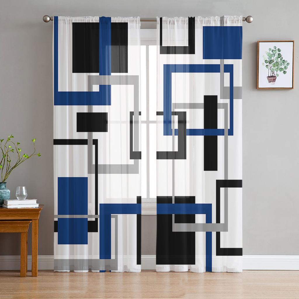 Abstraktní geometrické čtverce Umění Černá Červená Průsvitná Závěs Obývací pokoj Potištěný tyl Okenní Závěs Luxusní domácí Balkon Dekor Závěsy