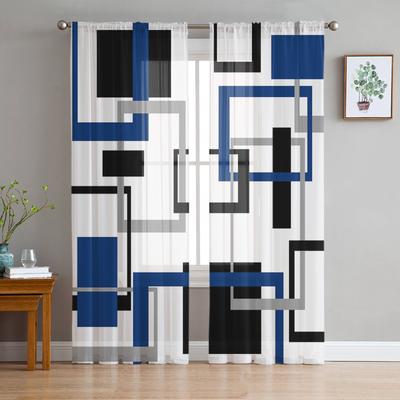 Abstrakte Geometrie Quadratische Moderne Kunst Schwarz Blau Transparente Vorhänge für Wohnzimmerdeko Fenstervorhänge Küche Tüll Voile Vorhänge