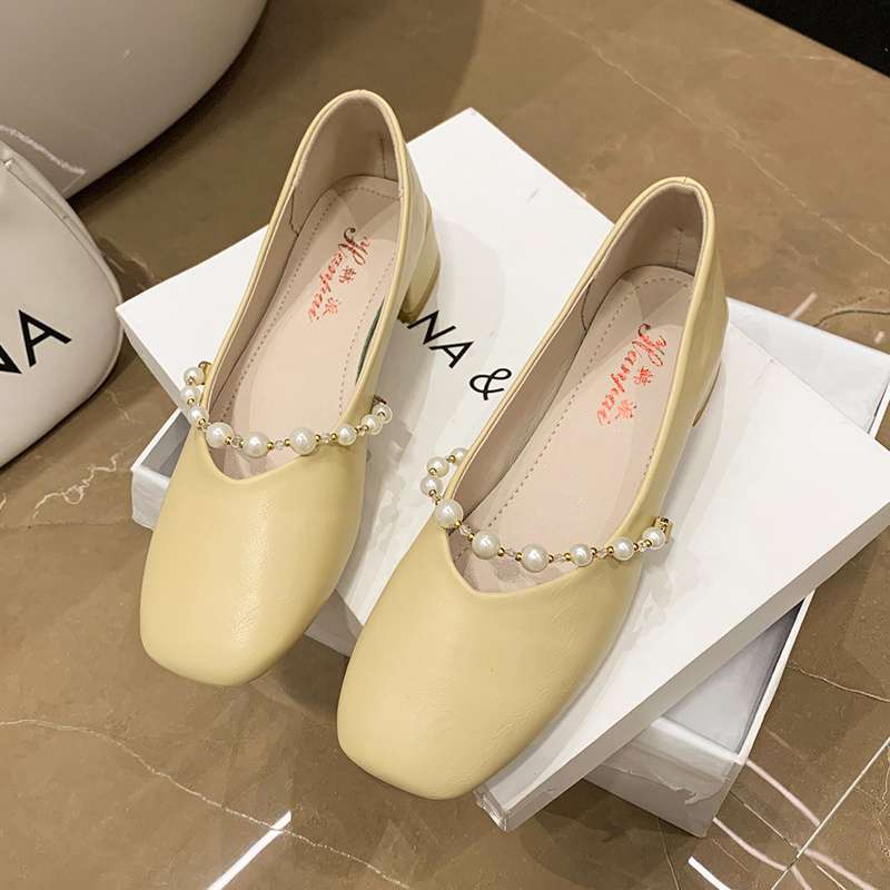 Mary Jane Shoes Women's 2025 Summer New Shallow Mouth Square Head Thick Heel Single Shoes French Temperament Pearl Soft Sole Small Leather Shoes