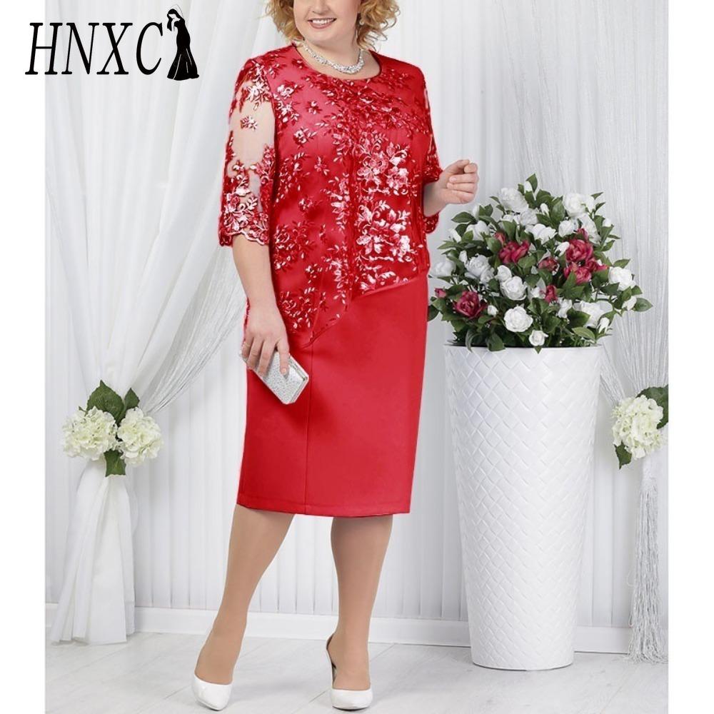

HNXC S-5XL Платье для вечеринки длиной до колена с кружевным верхом и аппликацией по подолу S красный