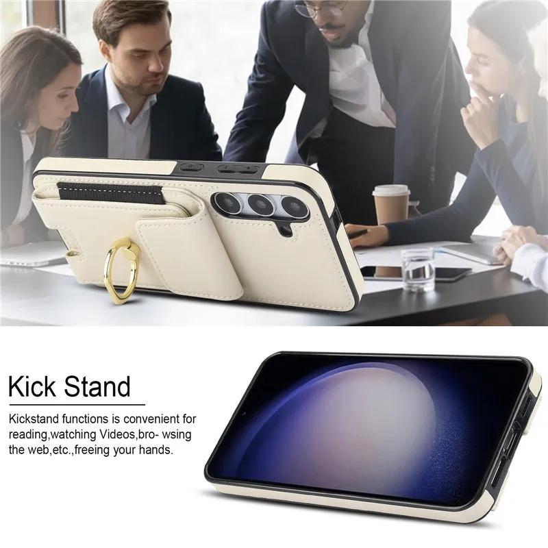 Ring Leather Wallet Card Phone Case for Samsung Galaxy S25 Edge S24 Ultra S23 Plus S22 S21 FE Note 20 10 Flip Stand Cover