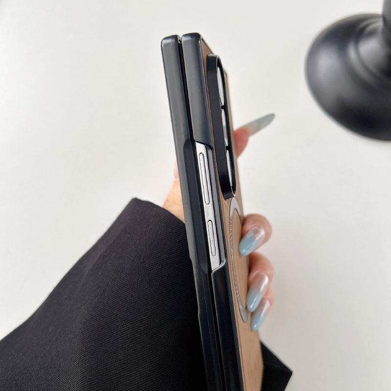 MagSafe Magnetic Wireless Charging PC+ Imitation Wood Grain Leather Phone Case For Samsung Z Fold 7 6 5 4 3 Folding Back Cover